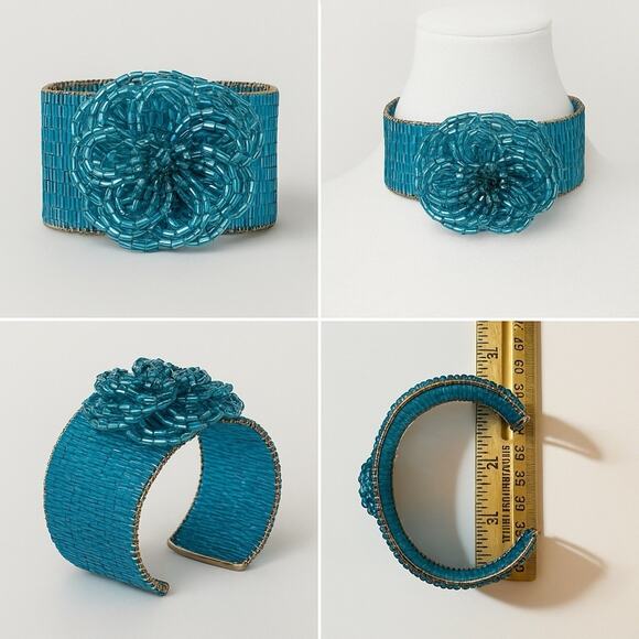 Vintage Turquoise Beaded Flower Cuff Bracelet Wide Wire Wrapped Statement - Picture 2 of 6